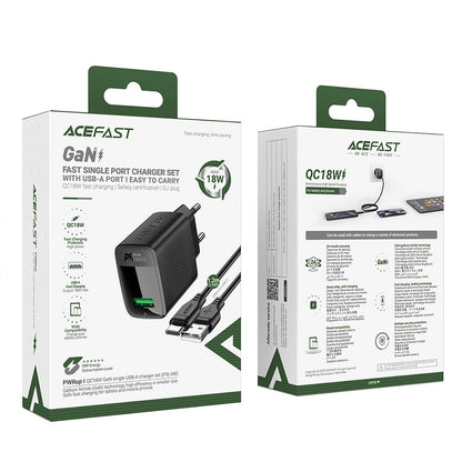 Φορτιστής Δικτύου με Καλώδιο USB-C Acefast A90, 18W, 3A, 1 x USB-A, Μαύρο