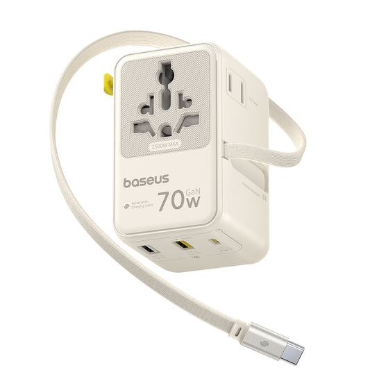 Φορτιστής Δικτύου με Καλώδιο USB-C Baseus Travel EnerCore CG11, 70W, 2 x Πρίζα - 1 x USB-C - 2 x USB-A, Λευκό E0307E01