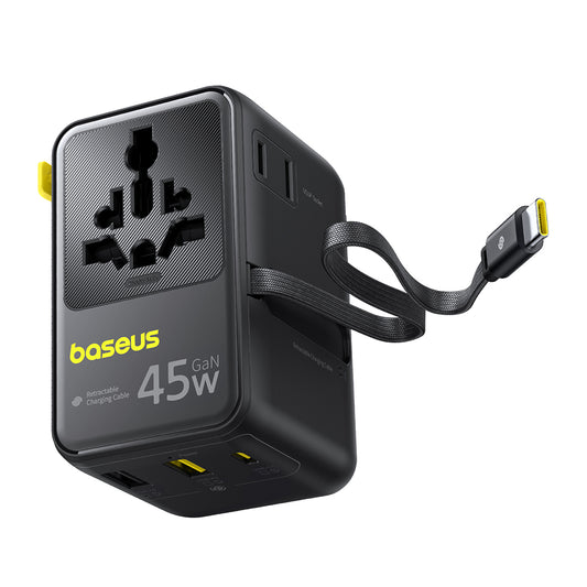 Φορτιστής Δικτύου με Καλώδιο USB-C Baseus Travel PicoGo AG11, 45W, 2 x Πρίζα - 1 x USB-C - 2 x USB-A, Μαύρο E0307F00