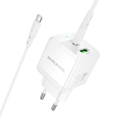 Φορτιστής Δικτύου με Καλώδιο USB-C Borofone BN19 Intenso, 20W, 3A, 1 x USB-A - 1 x USB-C, Λευκό