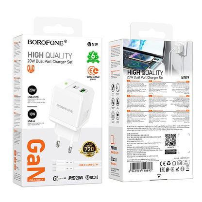 Φορτιστής Δικτύου με Καλώδιο USB-C Borofone BN19 Intenso, 20W, 3A, 1 x USB-A - 1 x USB-C, Λευκό