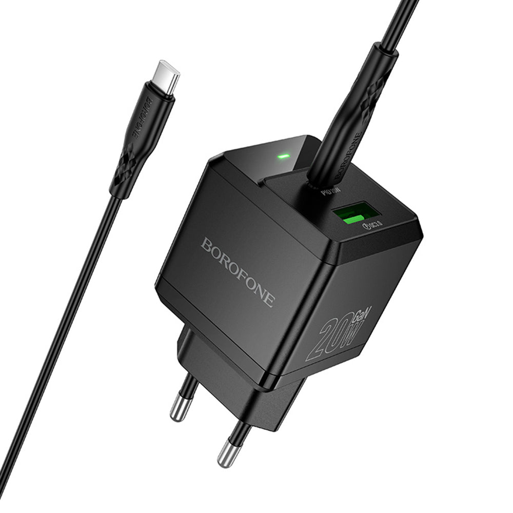 Φορτιστής Δικτύου με Καλώδιο USB-C Borofone BN19 Intenso, 20W, 3A, 1 x USB-A - 1 x USB-C, Μαύρο