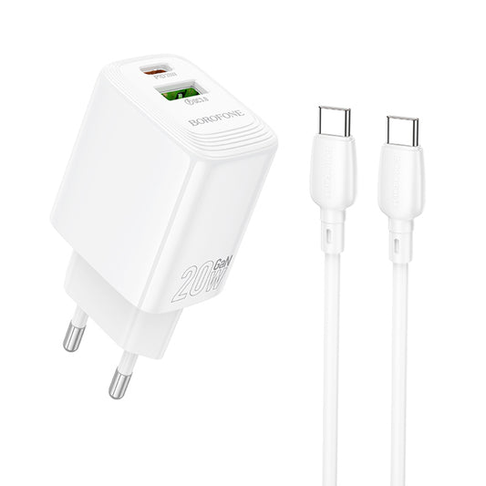 Φορτιστής Δικτύου με Καλώδιο USB-C Borofone BN27 Fuente, 20W, 3A, 1 x USB-A - 1 x USB-C, Λευκό