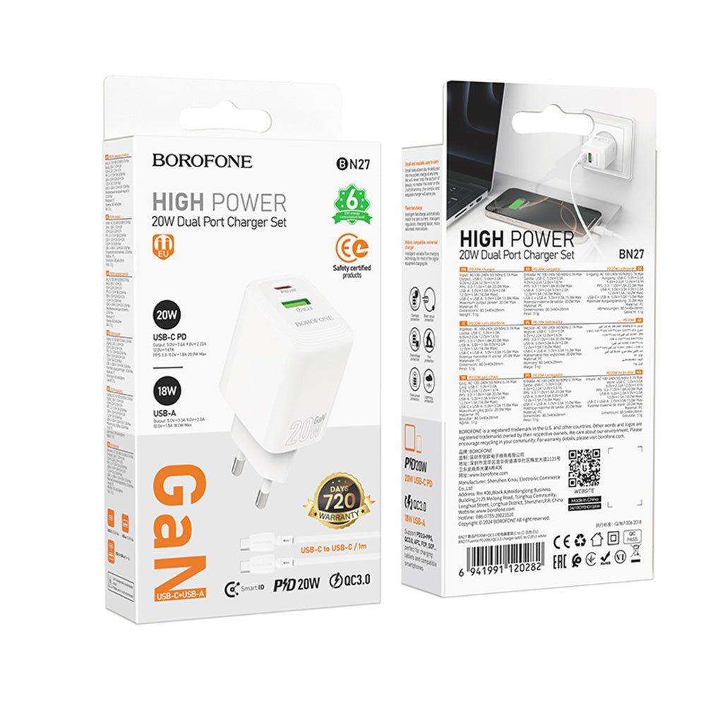 Φορτιστής Δικτύου με Καλώδιο USB-C Borofone BN27 Fuente, 20W, 3A, 1 x USB-A - 1 x USB-C, Λευκό