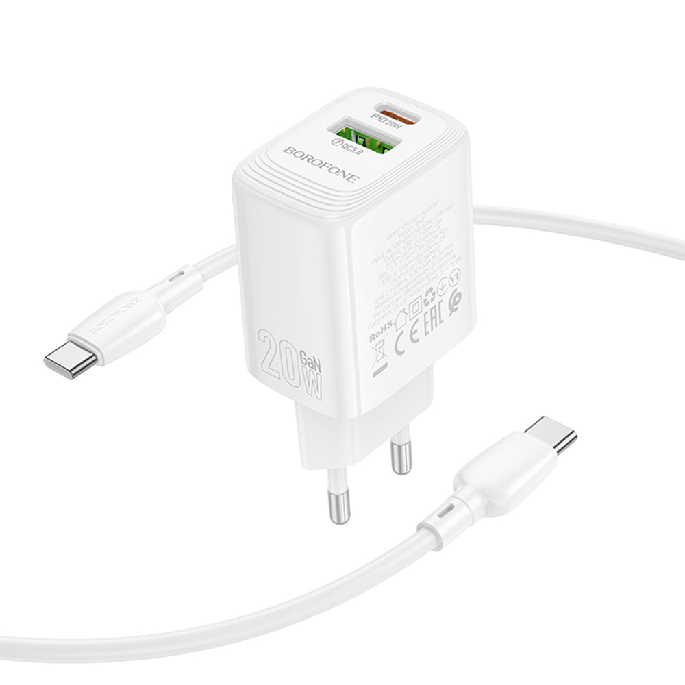 Φορτιστής Δικτύου με Καλώδιο USB-C Borofone BN27 Fuente, 20W, 3A, 1 x USB-A - 1 x USB-C, Λευκό