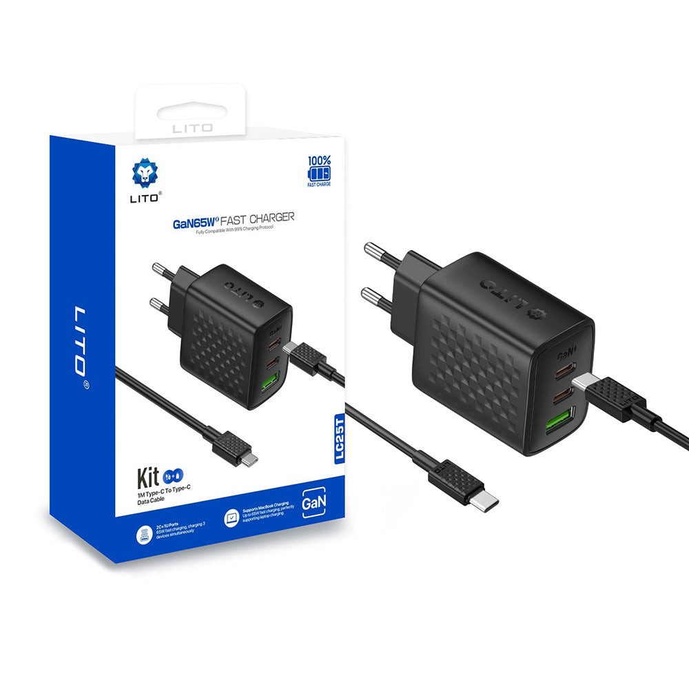 Network Charger with USB-C Cable Lito LC25T, 65W, 3.25A, 1 x USB-A - 2 x USB-C, Black
