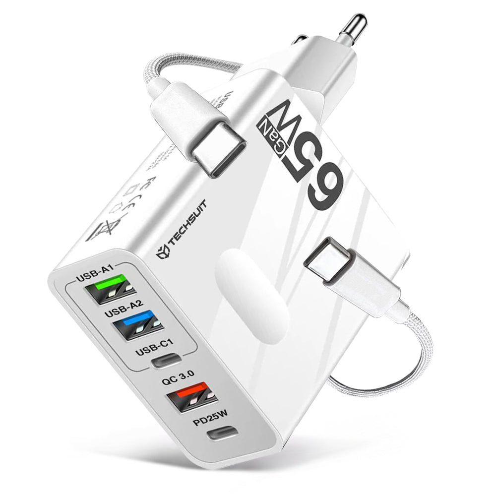 Φορτιστής Δικτύου με Καλώδιο USB-C Techsuit CHC1 PentaXPower, 25W, 3A, 3 x USB-A - 2 x USB-C, Λευκό