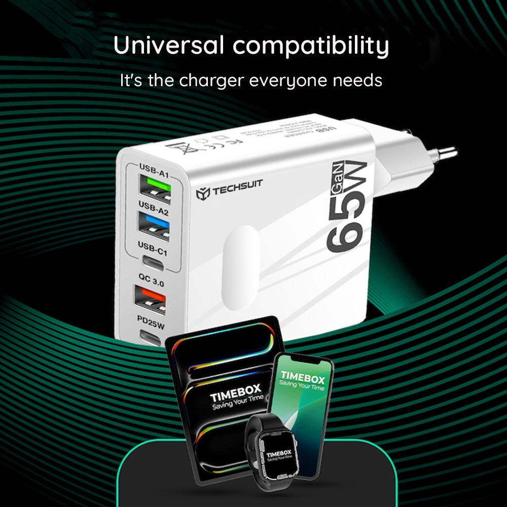 Φορτιστής Δικτύου με Καλώδιο USB-C Techsuit CHC1 PentaXPower, 25W, 3A, 3 x USB-A - 2 x USB-C, Μαύρο