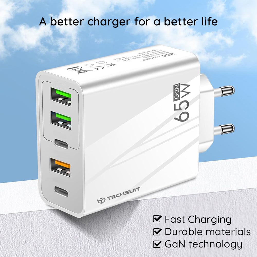 Network Charger with USB-C Cable Techsuit CHC2 PentaXPower, 20W, 3A, 3 x USB-A - 2 x USB-C, White