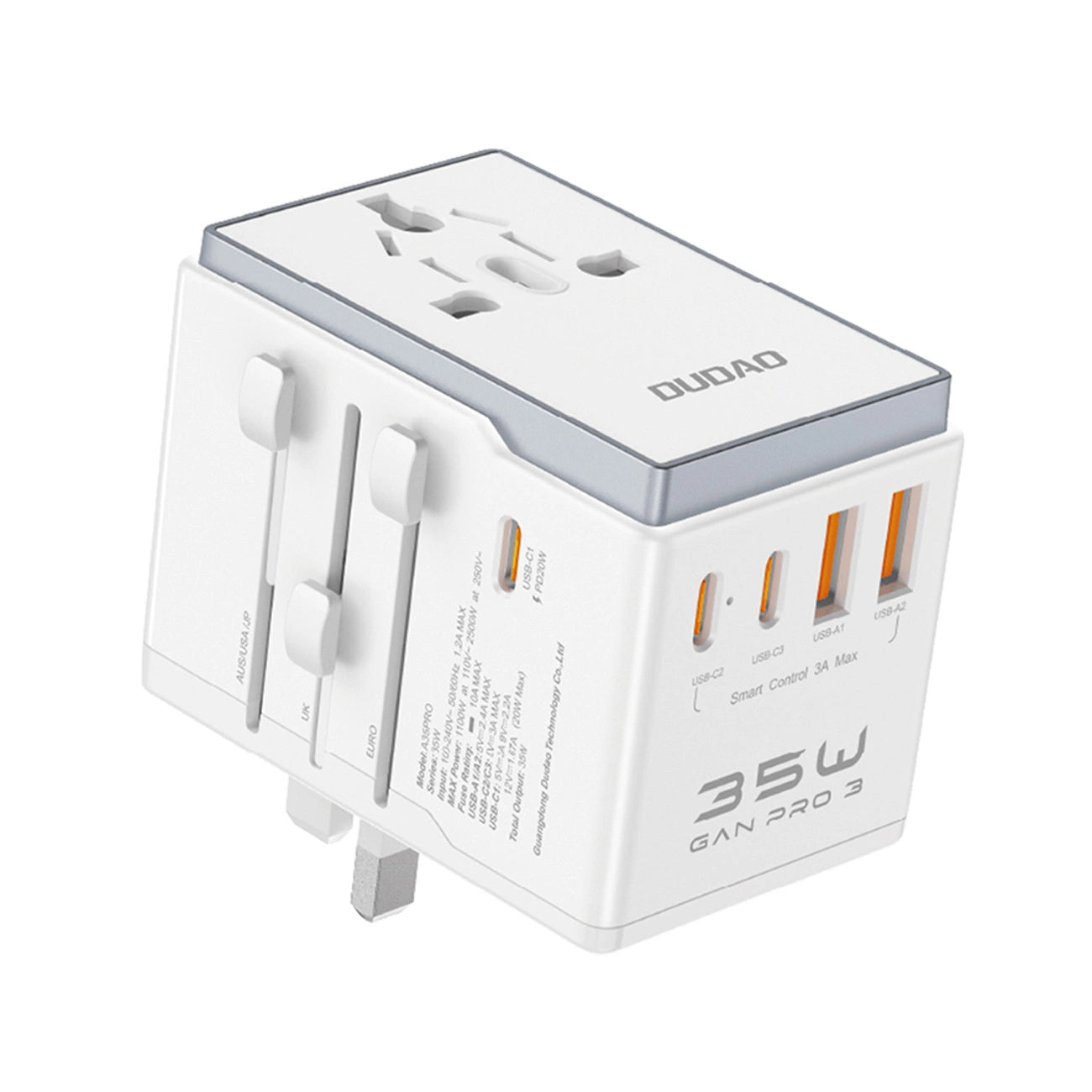 Φορτιστής δικτύου Dudao Travel A35Pro, 35W, 3A, 2 x USB-A - 3 x USB-C, Λευκό 