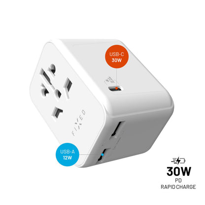 Φορτιστής Δικτύου Fixed Travel, 30W, 3A, 2 x USB-A - 1 x USB-C, Λευκό