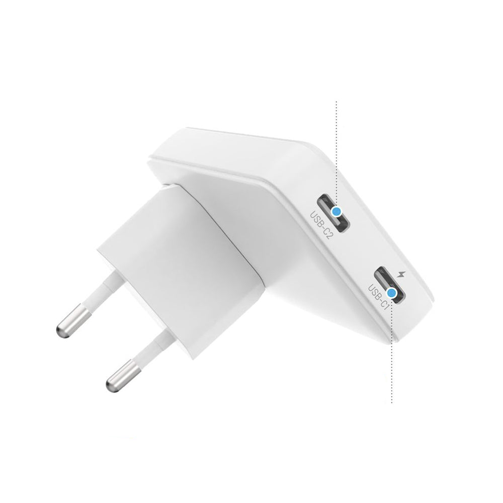 Φορτιστής Δικτύου Fixed Travel, 45W, 3A, 2 x USB-C, Λευκό