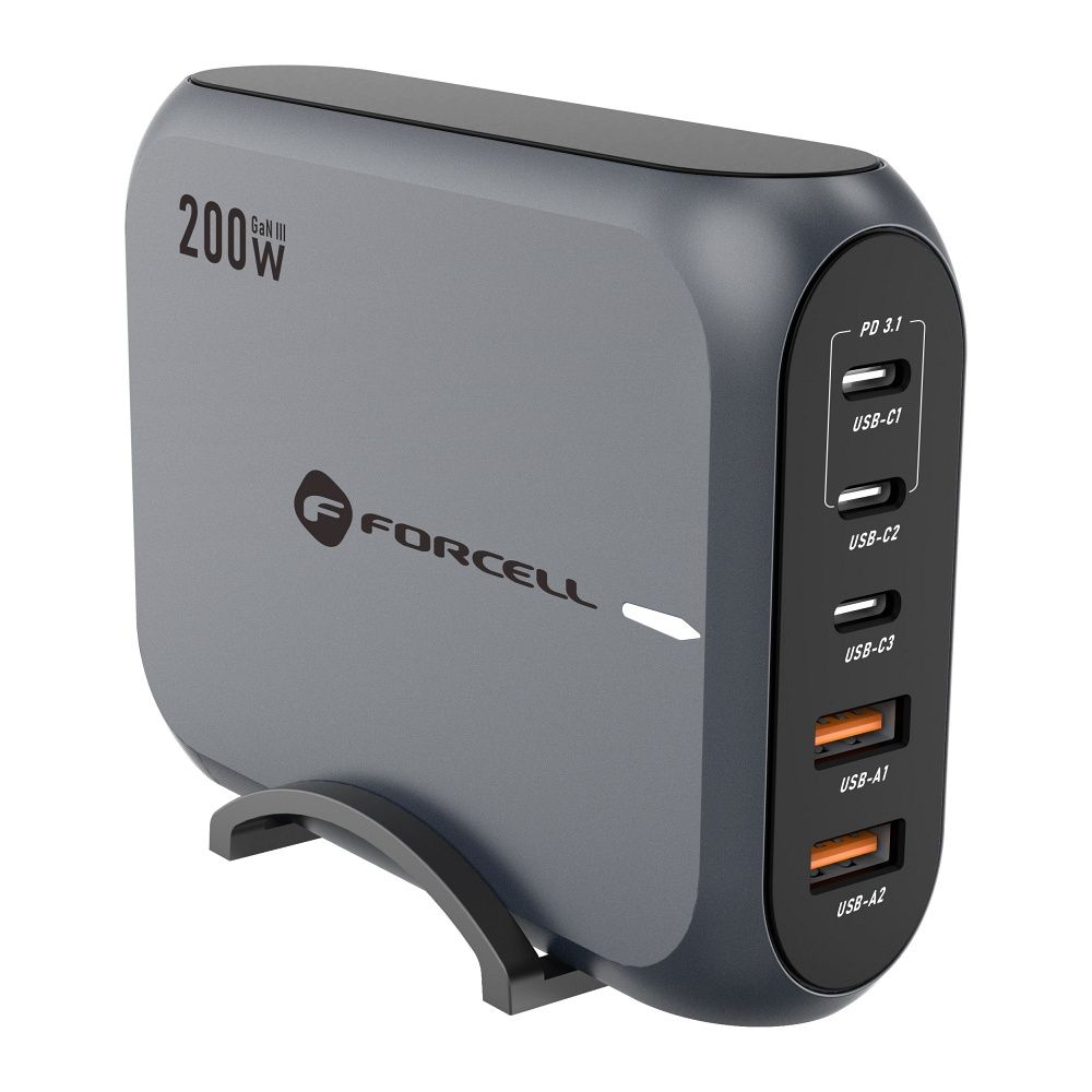 Φορτιστής δικτύου Forcell F-ENERGY GaN III VT-51, 200W, 5A, 2 x USB-A - 3 x USB-C, Γκρι 