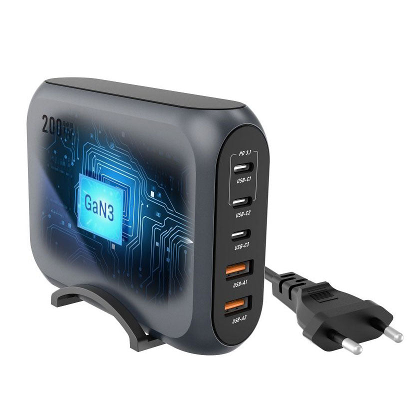 Φορτιστής δικτύου Forcell F-ENERGY GaN III VT-51, 200W, 5A, 2 x USB-A - 3 x USB-C, Γκρι 