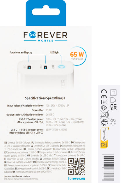 Φορτιστής δικτύου Forever TC-06-65CC, 65W, 3,25A, 2 x USB-C, λευκό 