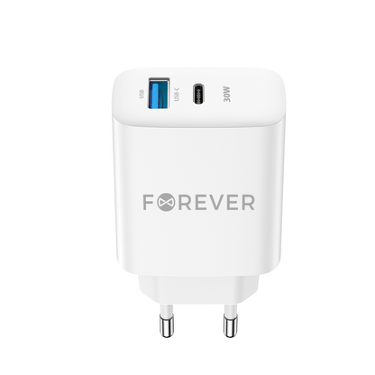 Φορτιστής δικτύου Forever TC-07-30AC, 30W, 3A, 1 x USB-A - 1 x USB-C, Λευκό