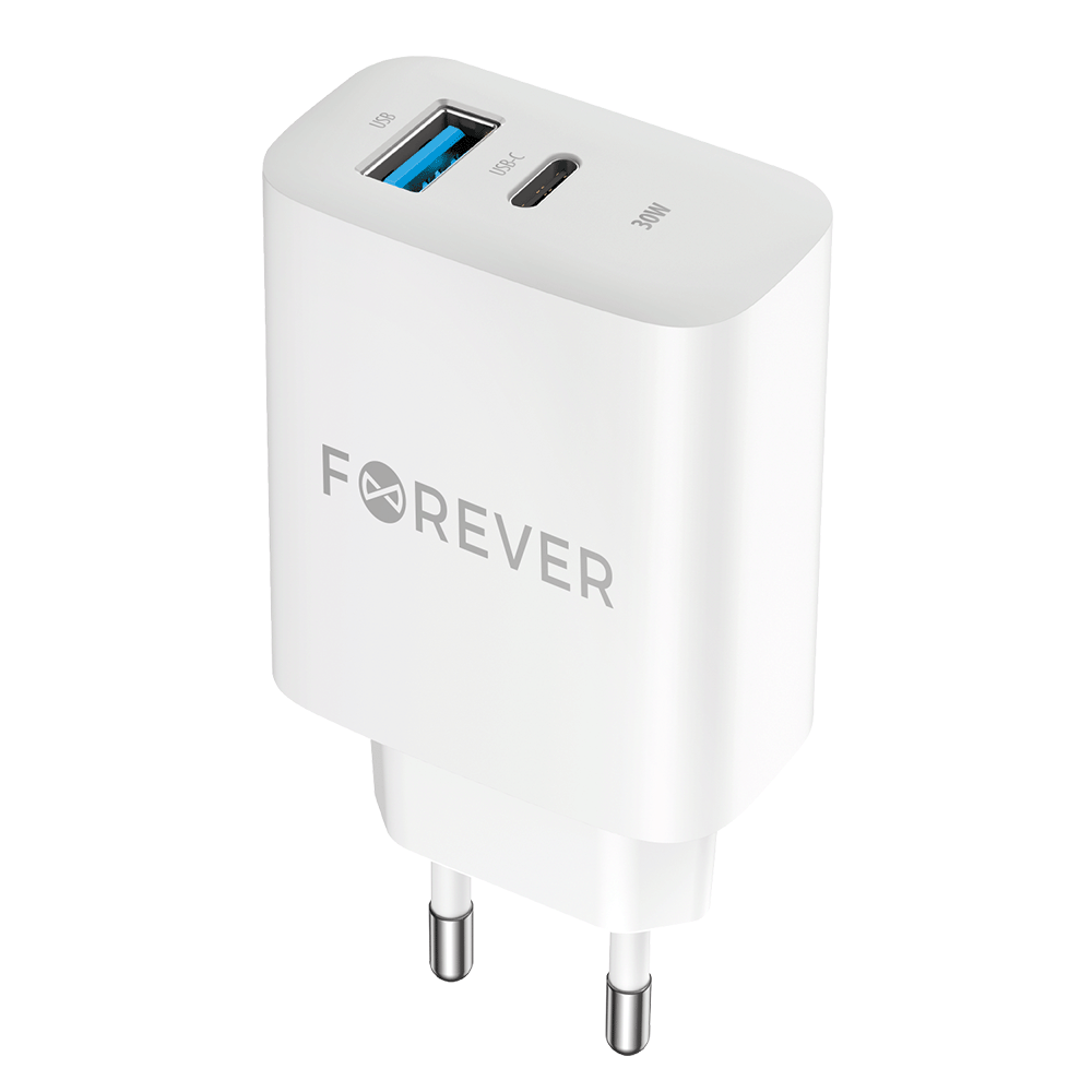 Φορτιστής δικτύου Forever TC-07-30AC, 30W, 3A, 1 x USB-A - 1 x USB-C, Λευκό