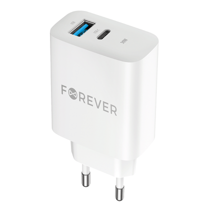 Φορτιστής δικτύου Forever TC-07-30AC, 30W, 3A, 1 x USB-A - 1 x USB-C, Λευκό