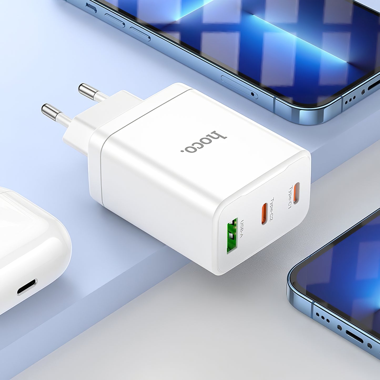 Φορτιστής δικτύου HOCO N33, 35W, 3A, 1 x USB-A - 2 x USB-C, Λευκό 