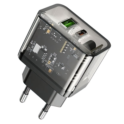 Φορτιστής Δικτύου HOCO N34, 20W, 3A, 1 x USB-A - 1 x USB-C, Διάφανο