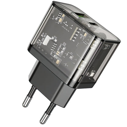 Φορτιστής Δικτύου HOCO N34, 20W, 3A, 1 x USB-A - 1 x USB-C, Διάφανο