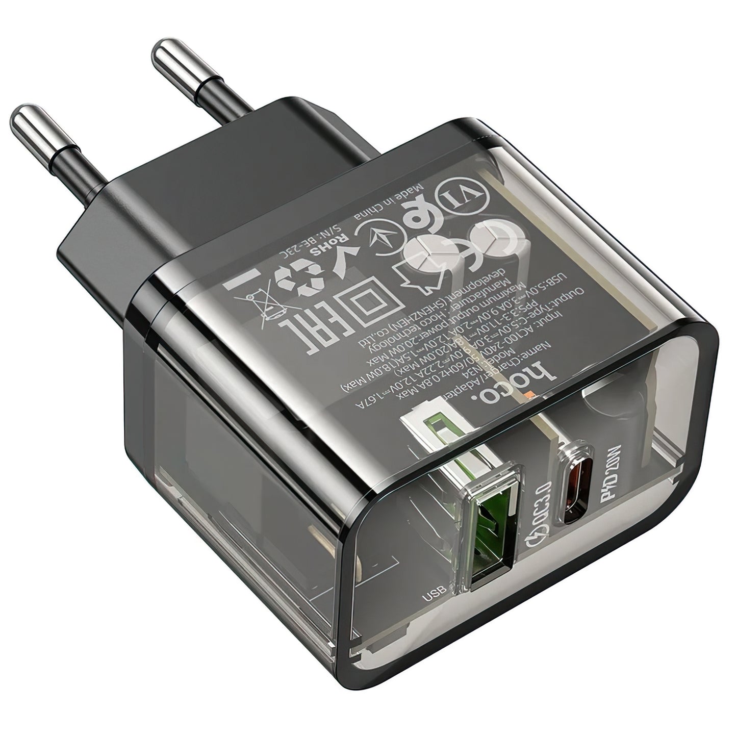 Φορτιστής Δικτύου HOCO N34, 20W, 3A, 1 x USB-A - 1 x USB-C, Διάφανο