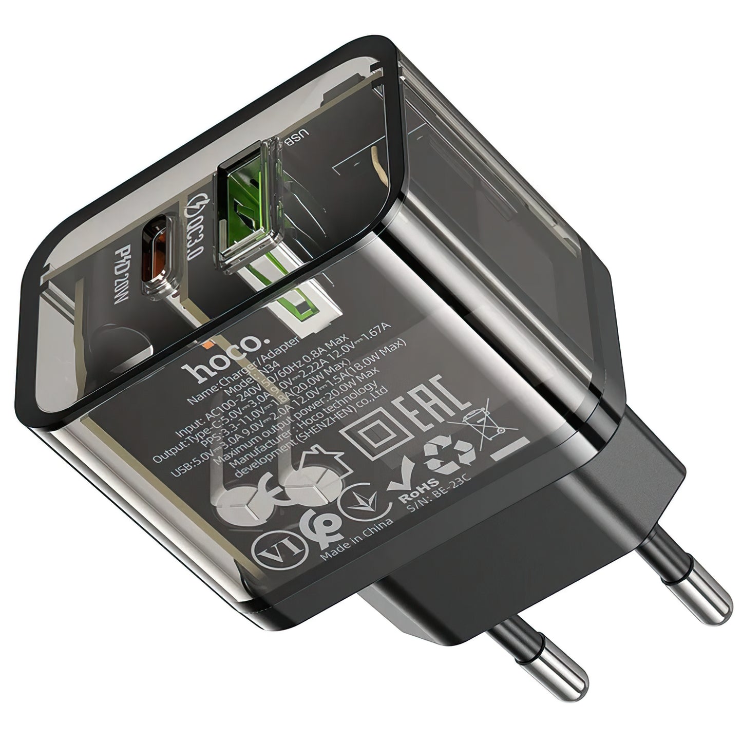 Φορτιστής Δικτύου HOCO N34, 20W, 3A, 1 x USB-A - 1 x USB-C, Διάφανο