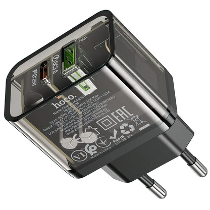Φορτιστής Δικτύου HOCO N34, 20W, 3A, 1 x USB-A - 1 x USB-C, Διάφανο