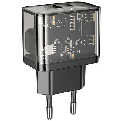 Φορτιστής Δικτύου HOCO N34, 20W, 3A, 1 x USB-A - 1 x USB-C, Διάφανο