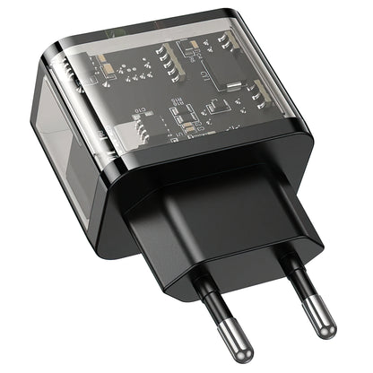 Φορτιστής Δικτύου HOCO N34, 20W, 3A, 1 x USB-A - 1 x USB-C, Διάφανο