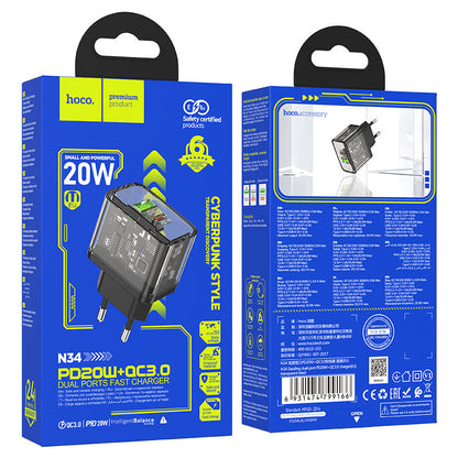 Φορτιστής Δικτύου HOCO N34, 20W, 3A, 1 x USB-A - 1 x USB-C, Διάφανο