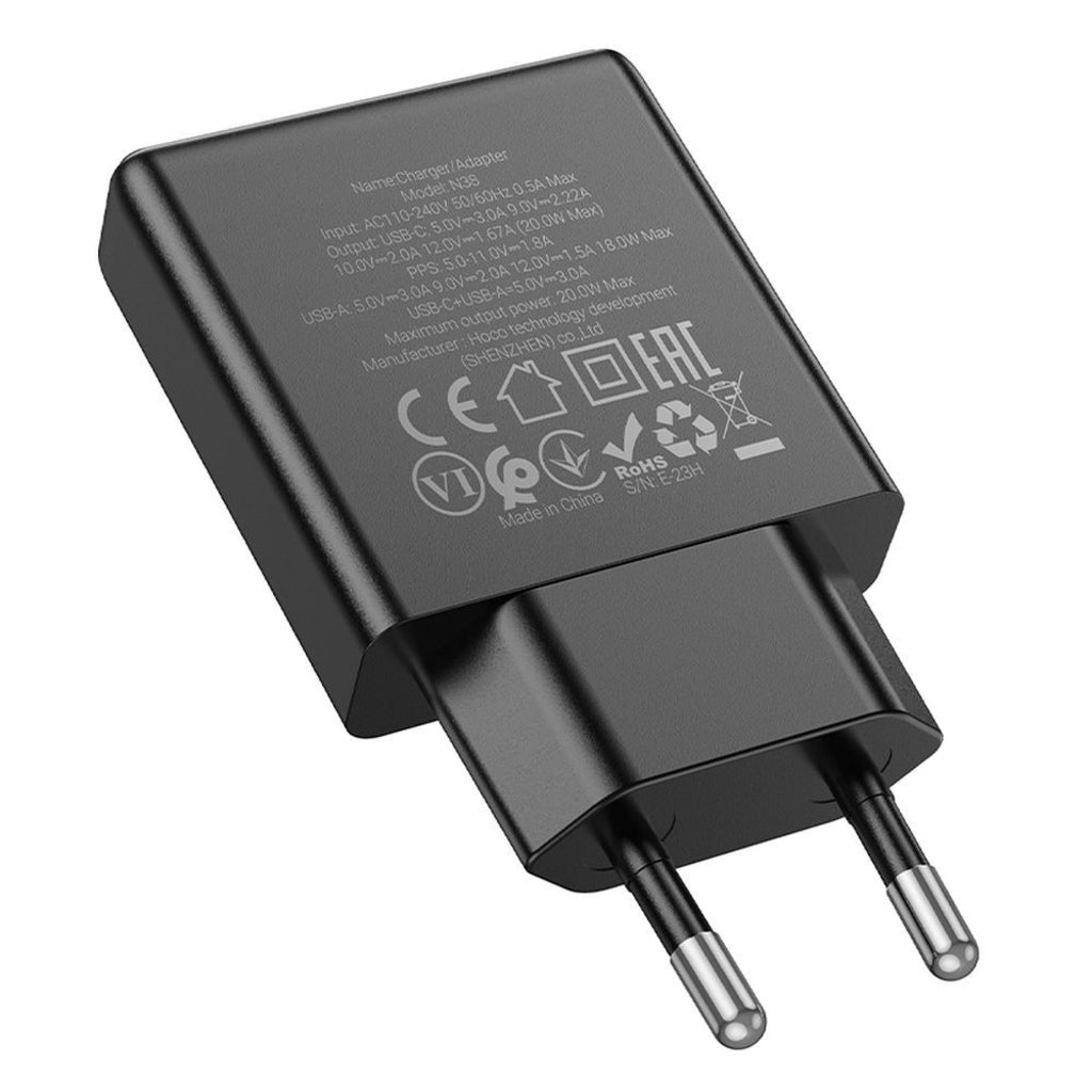 Φορτιστής Δικτύου HOCO N38, 20W, 3A, 1 x USB-A - 1 x USB-C, Μαύρο