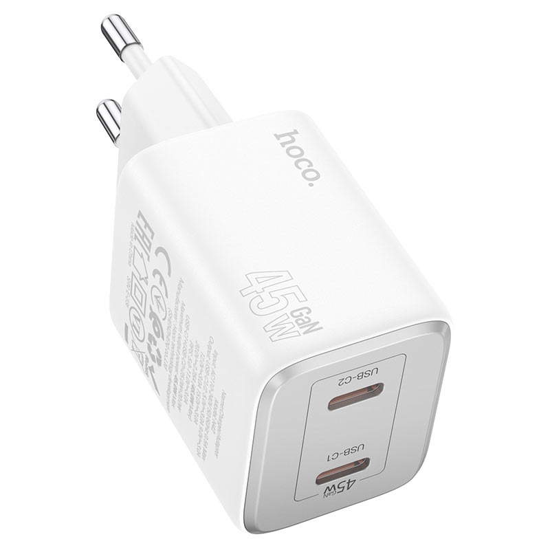 Φορτιστής δικτύου HOCO N42, 45W, 3A, 2 x USB-C, Λευκό 