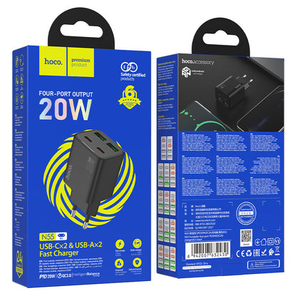 Φορτιστής Δικτύου HOCO N55, 20W, 3A, 2 x USB-A - 2 x USB-C, Μαύρο