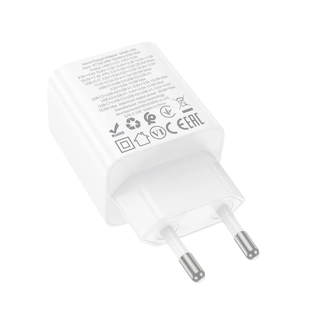 HOCO N56 Network Charger, 30W, 3A, 2 x USB-A - 2 x USB-C, White