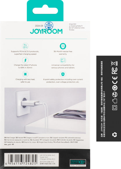 Φορτιστής δικτύου Joyroom JR-TCF14, 20W, 3A, 1 x USB-A - 1 x USB-C, Λευκό 