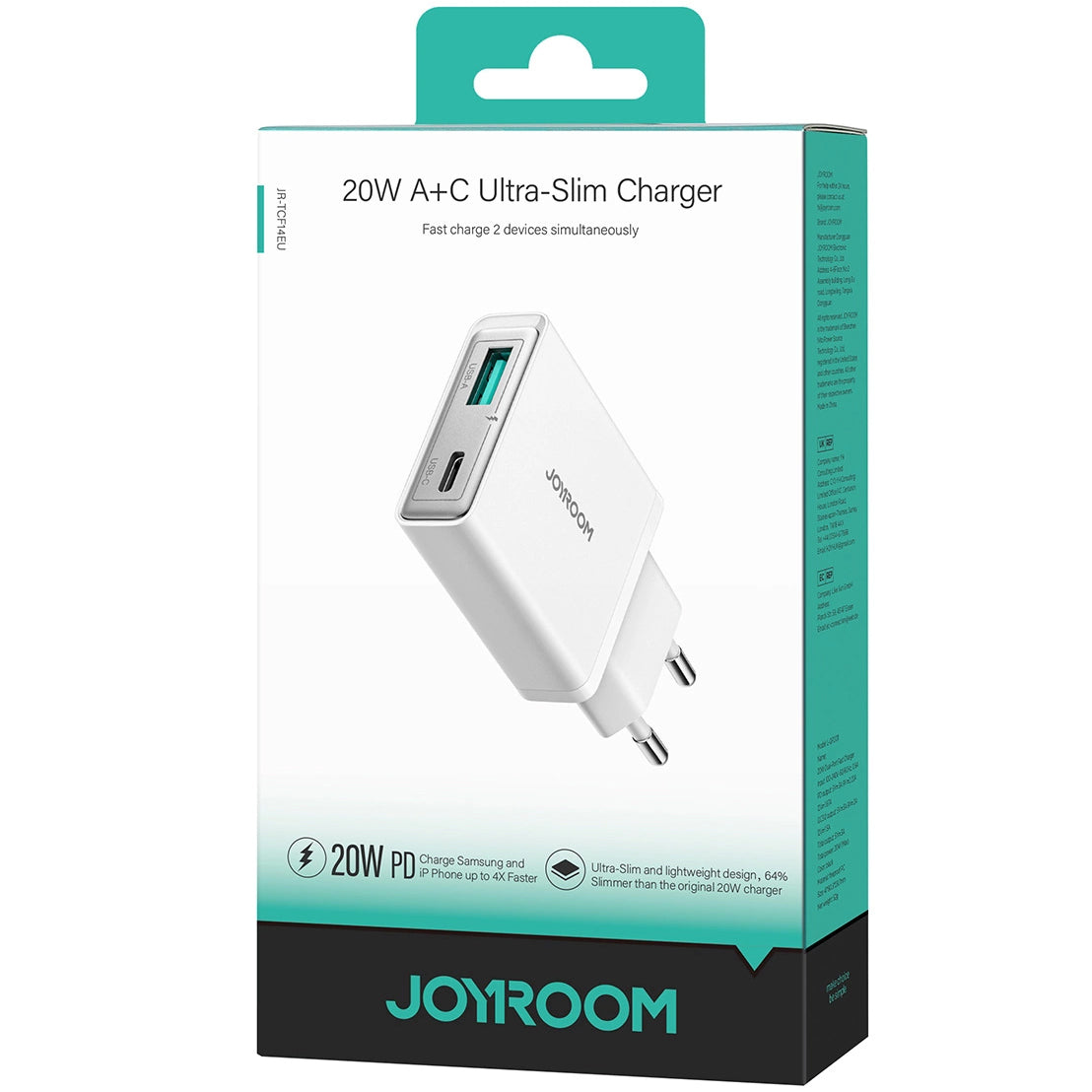 Φορτιστής δικτύου Joyroom JR-TCF14, 20W, 3A, 1 x USB-A - 1 x USB-C, Λευκό 