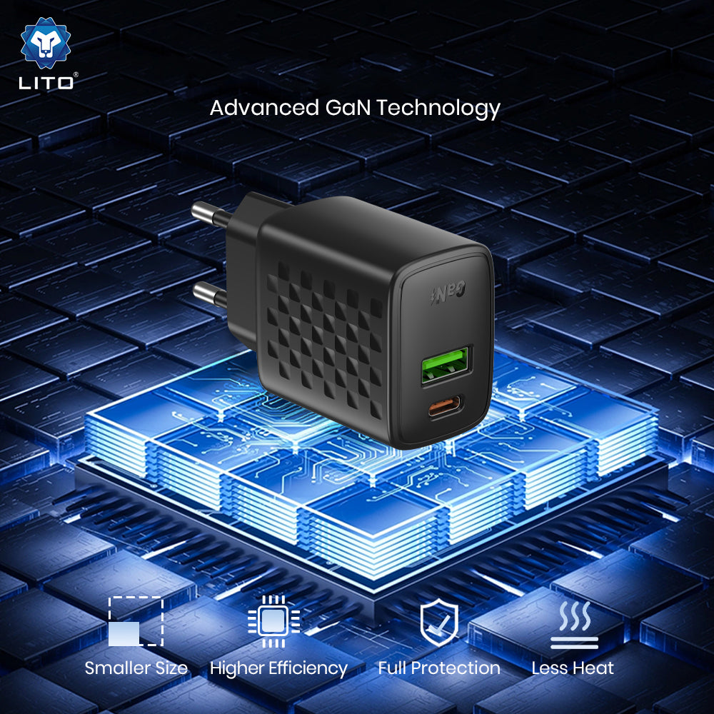 Lito LC24 Network Charger, 65W, 3.25A, 1 x USB-A - 1 x USB-C, Black