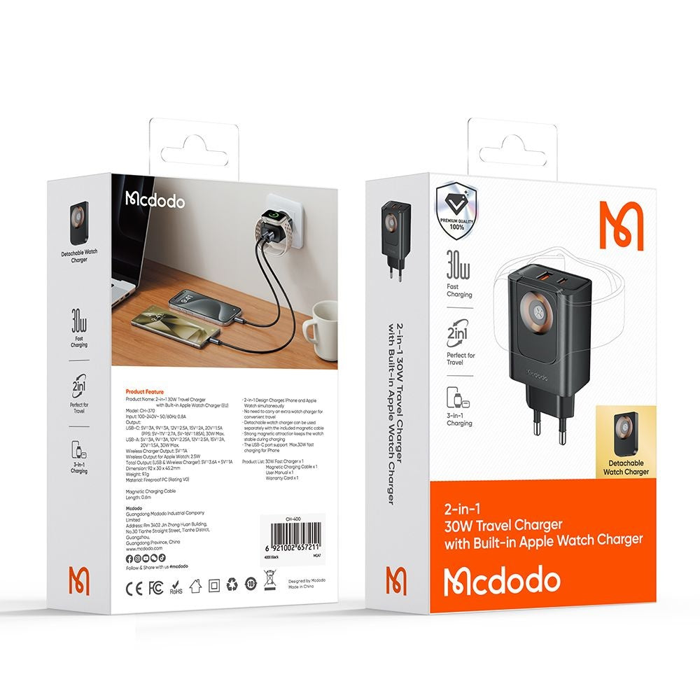 McDodo CH-3700 Companion Network Charger, 30W, 3A, 1 x USB-A - 1 x USB-C, Black