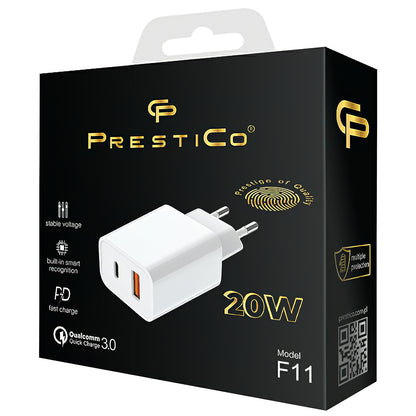 Φορτιστής δικτύου Prestico F11, 20W, 3A, 1 x USB-A - 1 x USB-C, Λευκό 