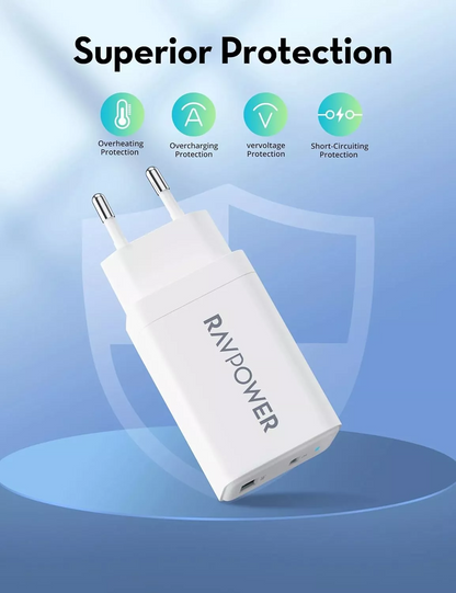Φορτιστής Δικτύου RavPower RP-PC171, 45W, 3A, 1 x USB-A - 1 x USB-C, Λευκό