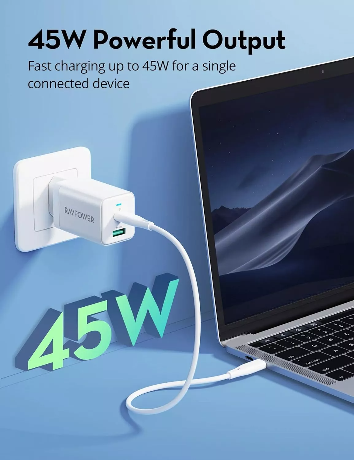 Φορτιστής Δικτύου RavPower RP-PC171, 45W, 3A, 1 x USB-A - 1 x USB-C, Λευκό