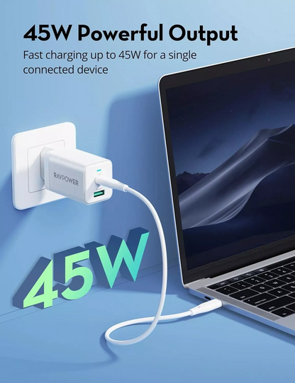 Φορτιστής Δικτύου RavPower RP-PC171, 45W, 3A, 1 x USB-A - 1 x USB-C, Λευκό