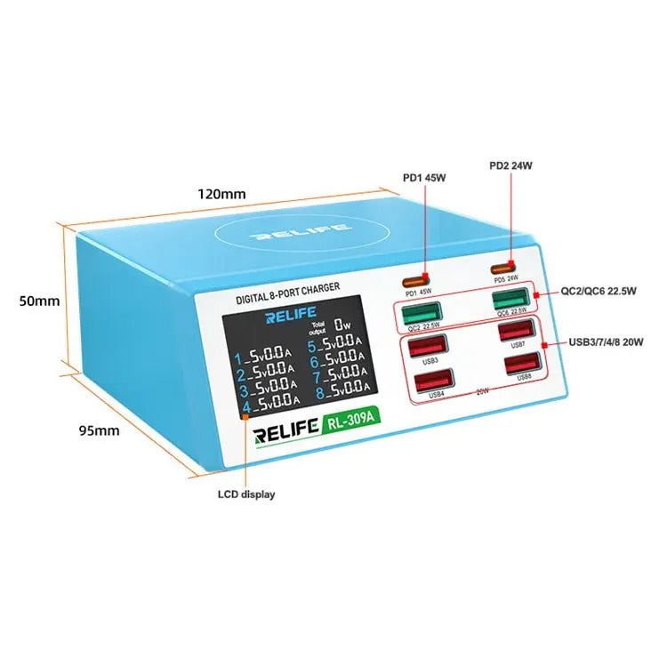 Φορτιστής δικτύου Relife RL-309A, 100W, 4,5A, 2 x USB-C - 6 x USB-A, μπλε 