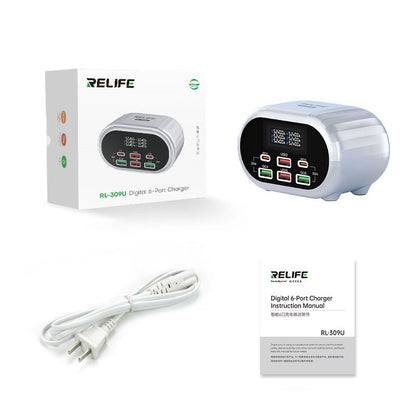 Φορτιστής δικτύου Relife RL-309U, 72W, 5A, 2 x USB-C - 4 x USB-A, ασημί 