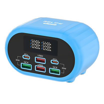 Φορτιστής Σταθμού Relife RL-309U, 72W, 5A, 2 x USB-C - 4 x USB-A, Μπλε