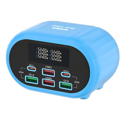 Φορτιστής Σταθμού Relife RL-309U, 72W, 5A, 2 x USB-C - 4 x USB-A, Μπλε