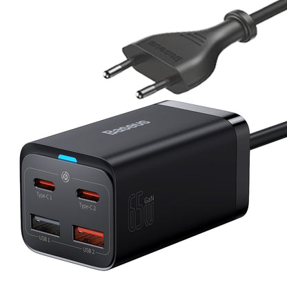 Baseus GaN3 Pro φορτιστής δικτύου USB-C με καλώδιο, 65W, 3A, 2 x USB-A - 2 x USB-C, μαύρο CCGP0401010101