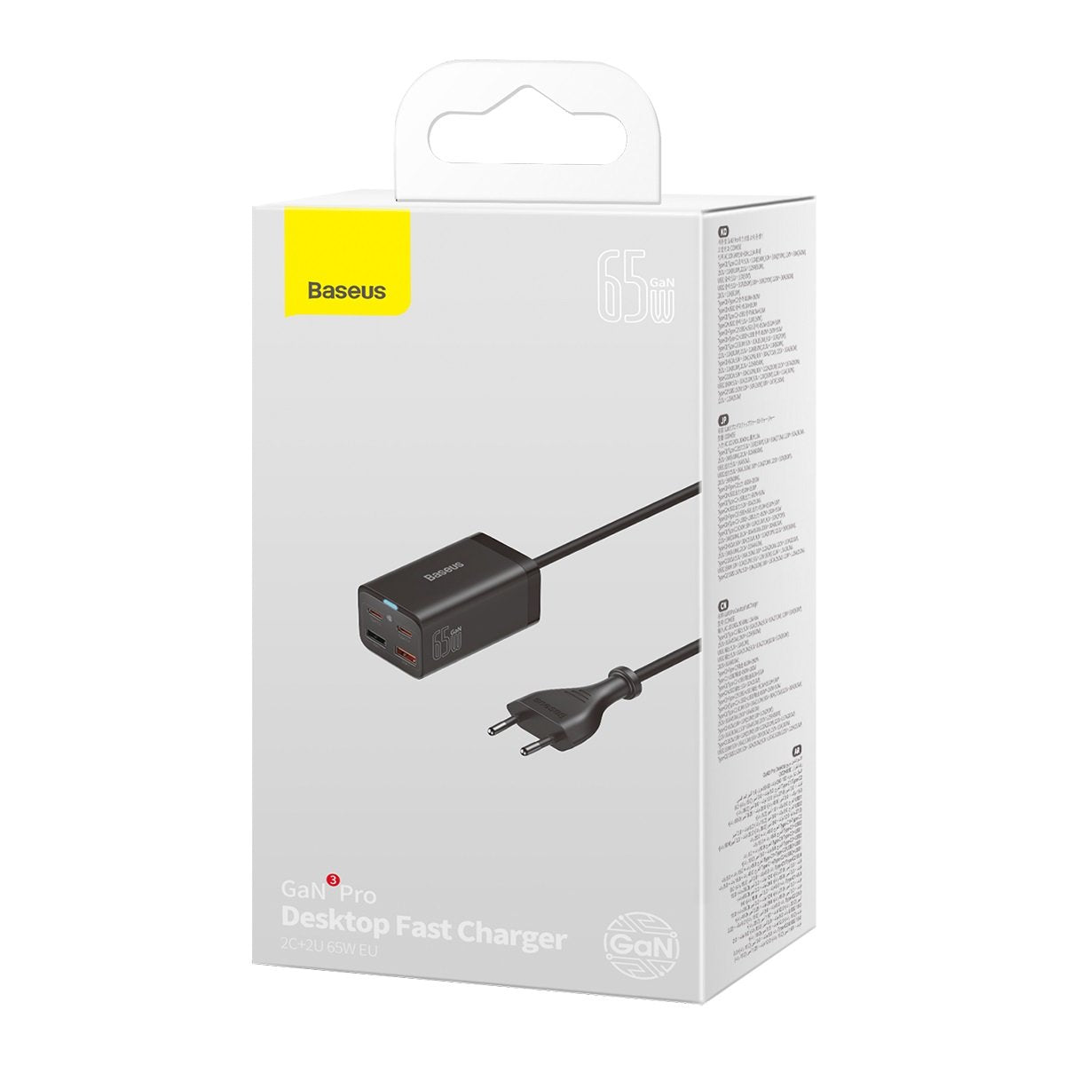 Baseus GaN3 Pro φορτιστής δικτύου USB-C με καλώδιο, 65W, 3A, 2 x USB-A - 2 x USB-C, μαύρο CCGP0401010101