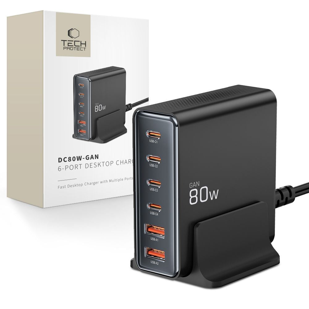 Φορτιστής δικτύου Tech-Protect DC80W, 80W, 3A, 2 x USB-A - 4 x USB-C, Μαύρο 